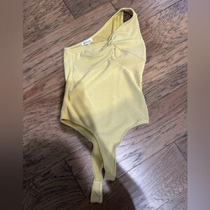 Heartloom Yellow Ribbed Twist-Front One-Shoulder Bodysuit